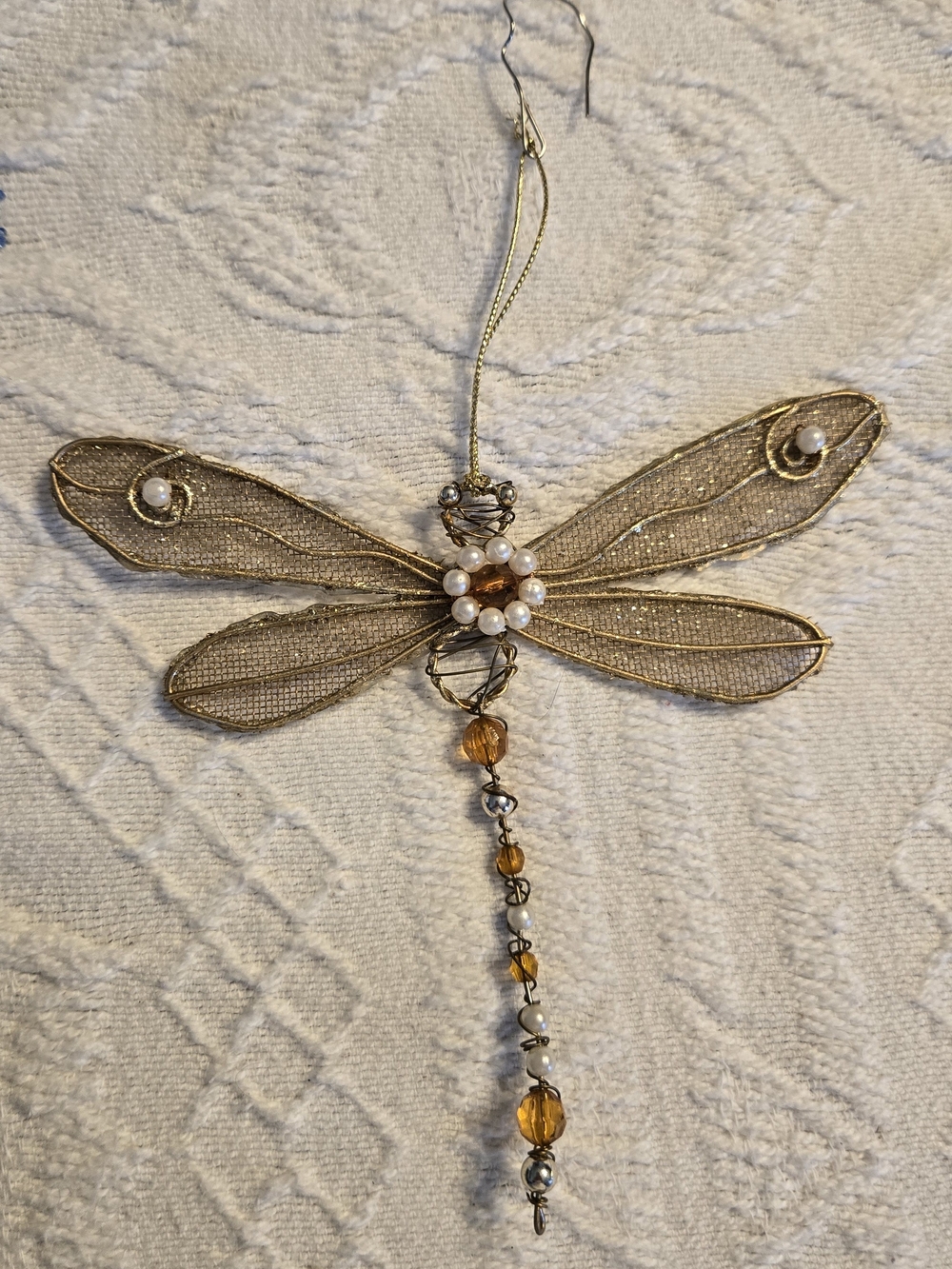 Gold Wire Dragonfly Hanging Ornament with Amber Beads